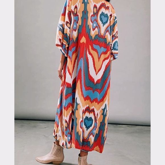 Multicolor Open Longline Three Quarter Sleeve Kimono Duster - Picture 4 of 15
